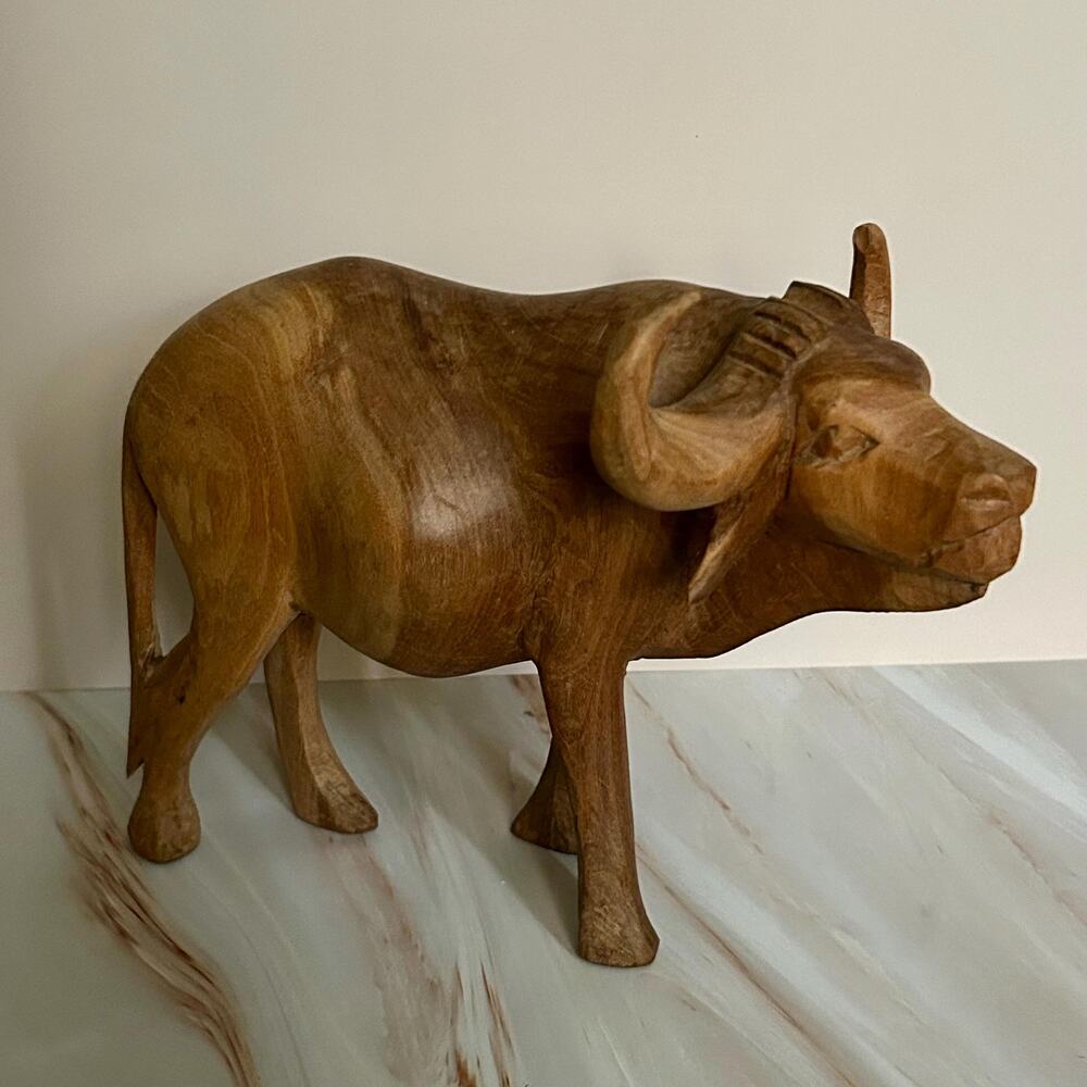 Vintage Hand-Carved Wooden Buffalo Sculpture